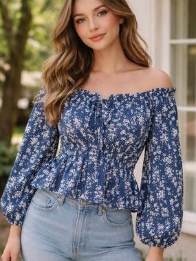 44. Blue Floral Off-Shoulder Smocked Peplum Blouse